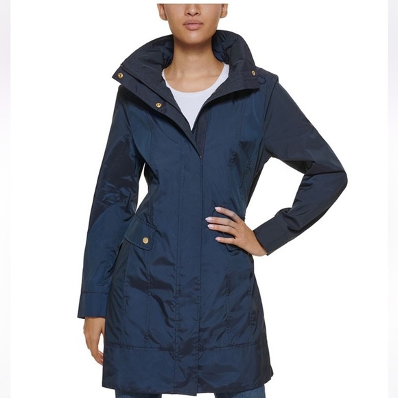Cole Haan Signature Packable hooded raincoat Sz S/P Navy Blue - Picture 1 of 9